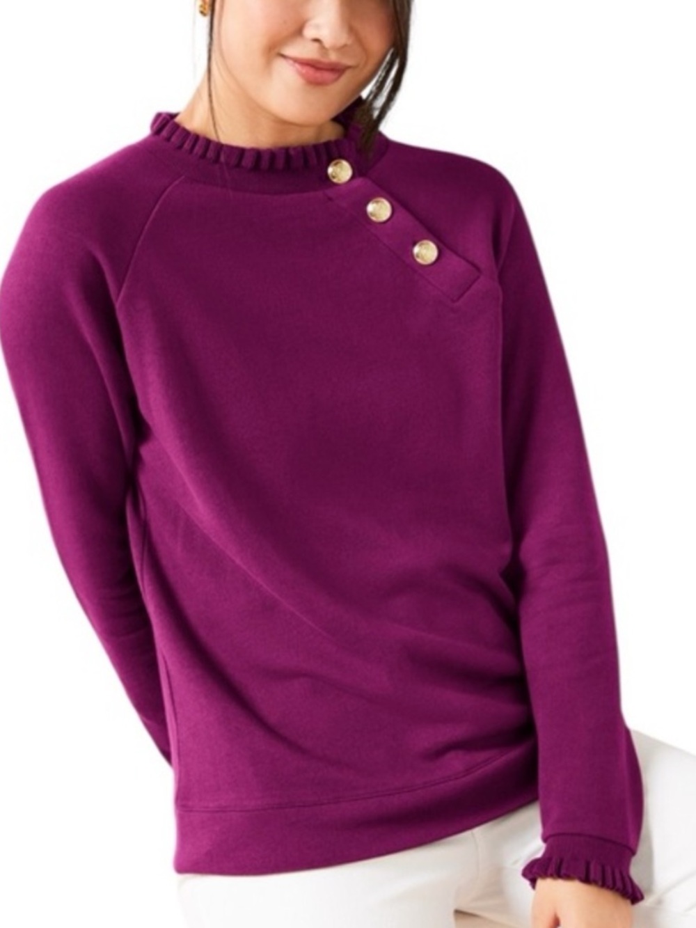 Talbots Purple Orchid Ruffle Trim Raglan Sweatshirt Gold Buttons